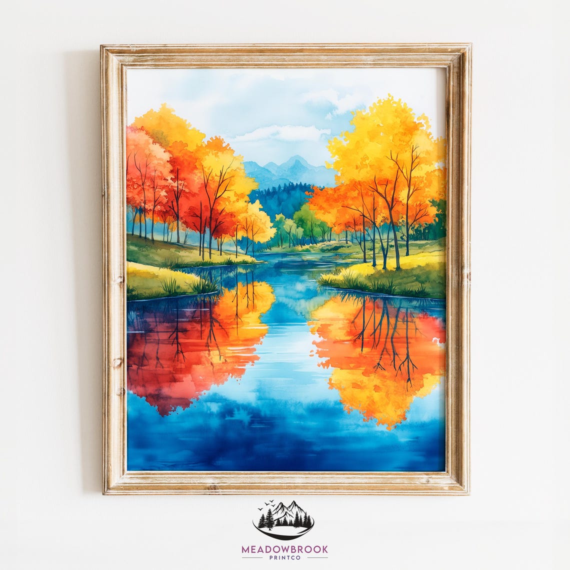 Autumn River Golden Trees Mirror Reflection Blue Water Poster