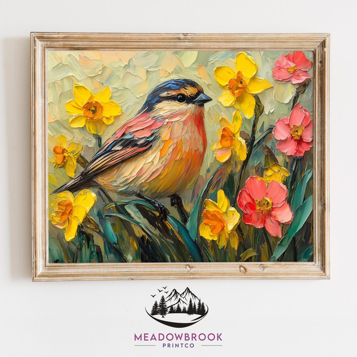 Sweet Finch Among Yellow Daffodils Spring Impasto Oil Painting Poster