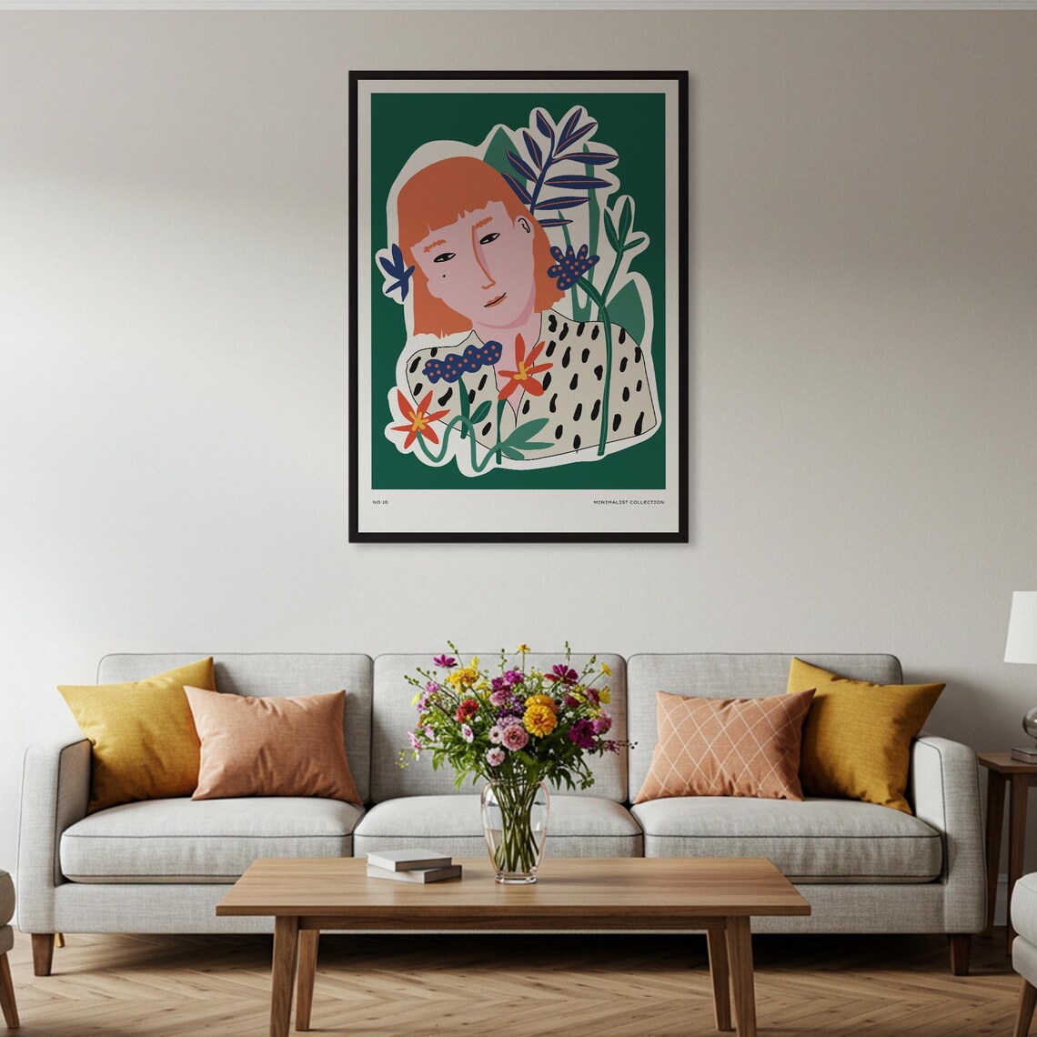 Red Haired Woman Floral Illustration Green Minimalist Art Poster - Image 5
