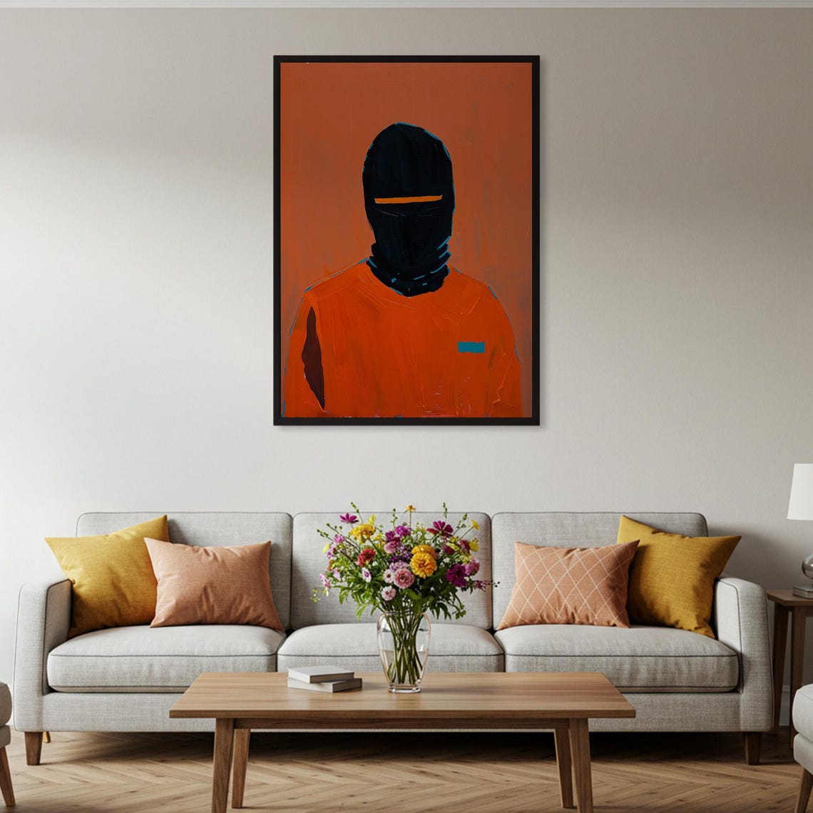 Black Balaclava Figure Orange Modern Minimal Portrait Poster - Image 2