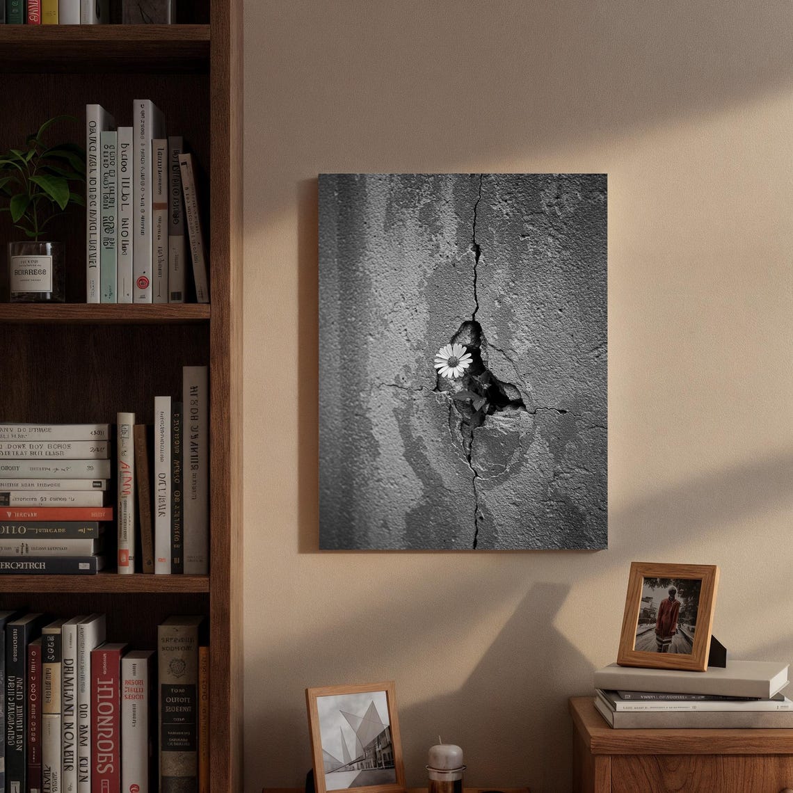 White Daisy Growing Through Cracked Concrete Black White Poster - Image 3