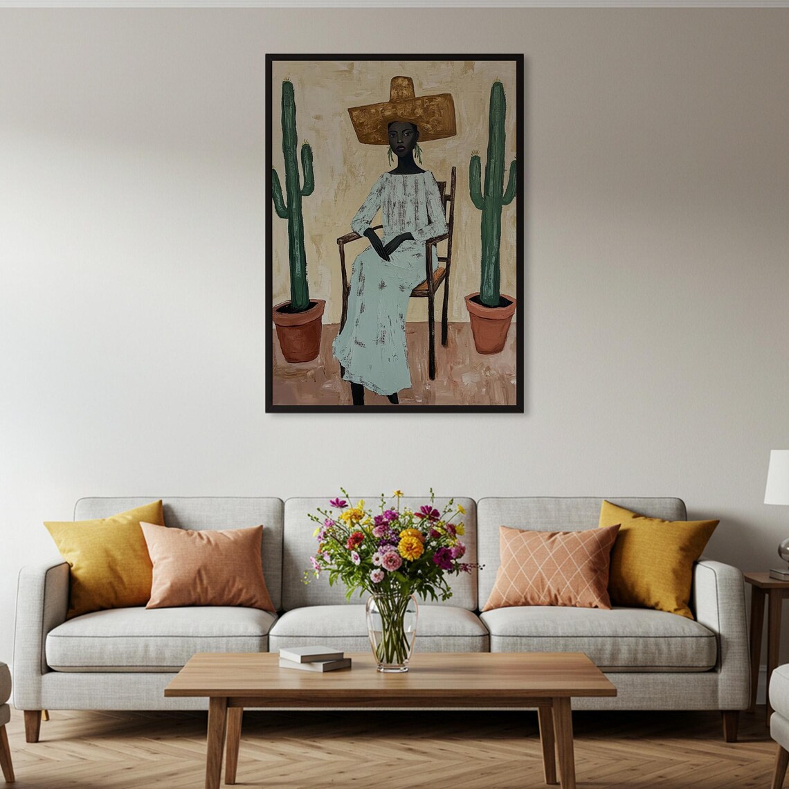 Woman In Sombrero With Cacti Southwestern Desert Style Poster - Image 2