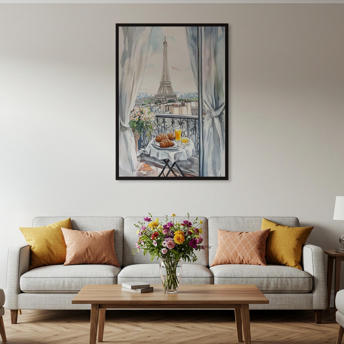 Romantic Paris Balcony Breakfast, Eiffel Tower Watercolor - Image 4