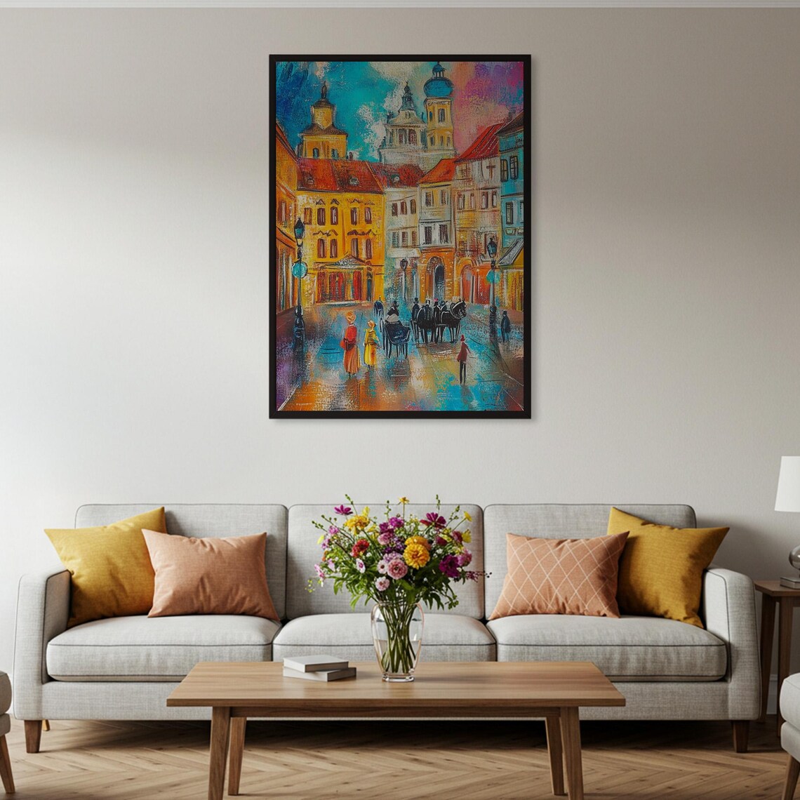 Colorful European Town Square Horse Carriage Impressionist Art Poster - Image 2