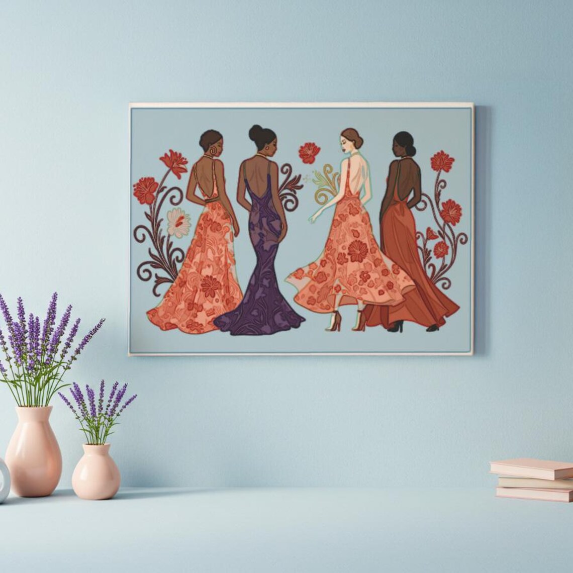 Four Elegant Women Floral Gowns Art Deco Back View Style Poster - Image 3