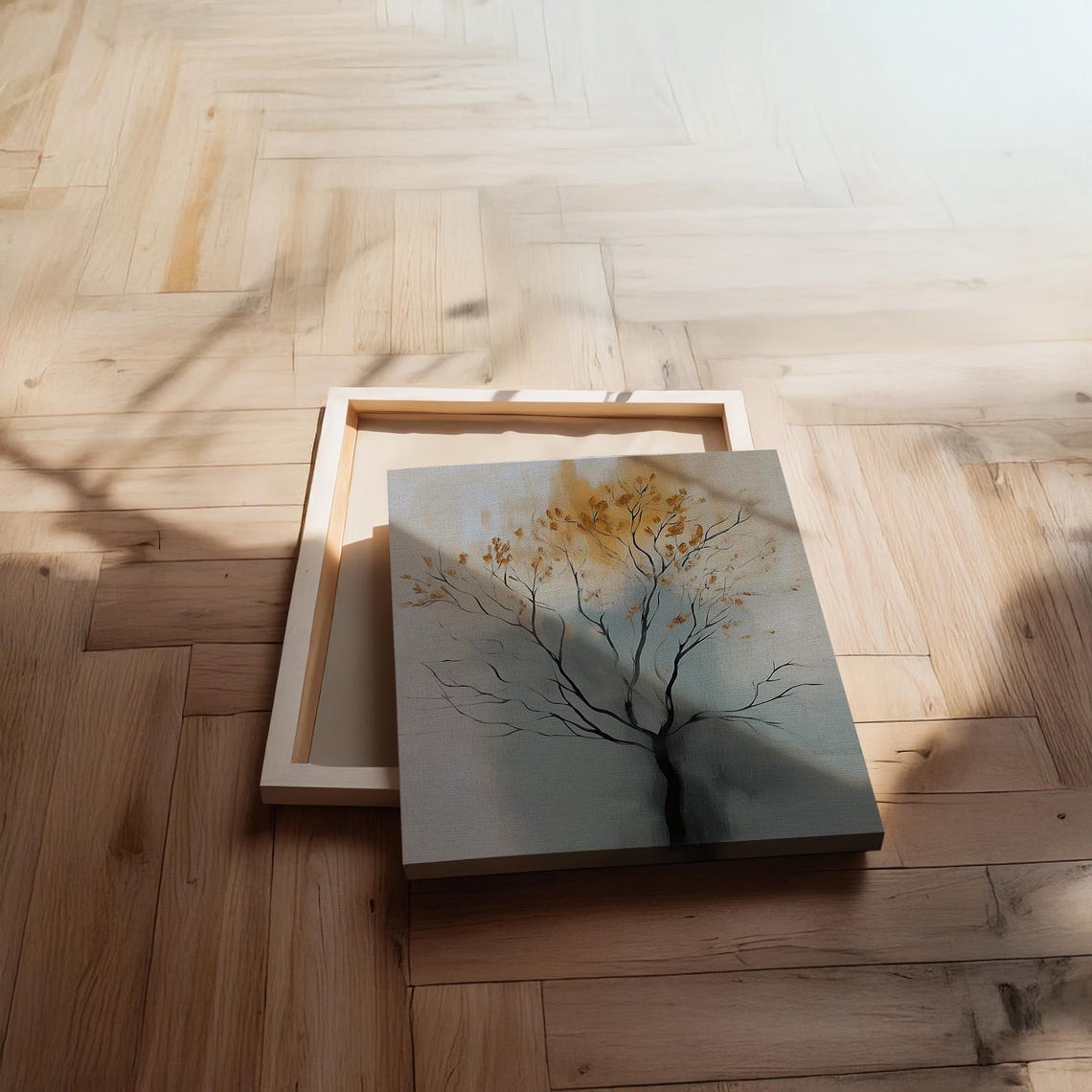 Minimalist Black Tree With Golden Leaves Soft Neutral Art Poster - Image 2