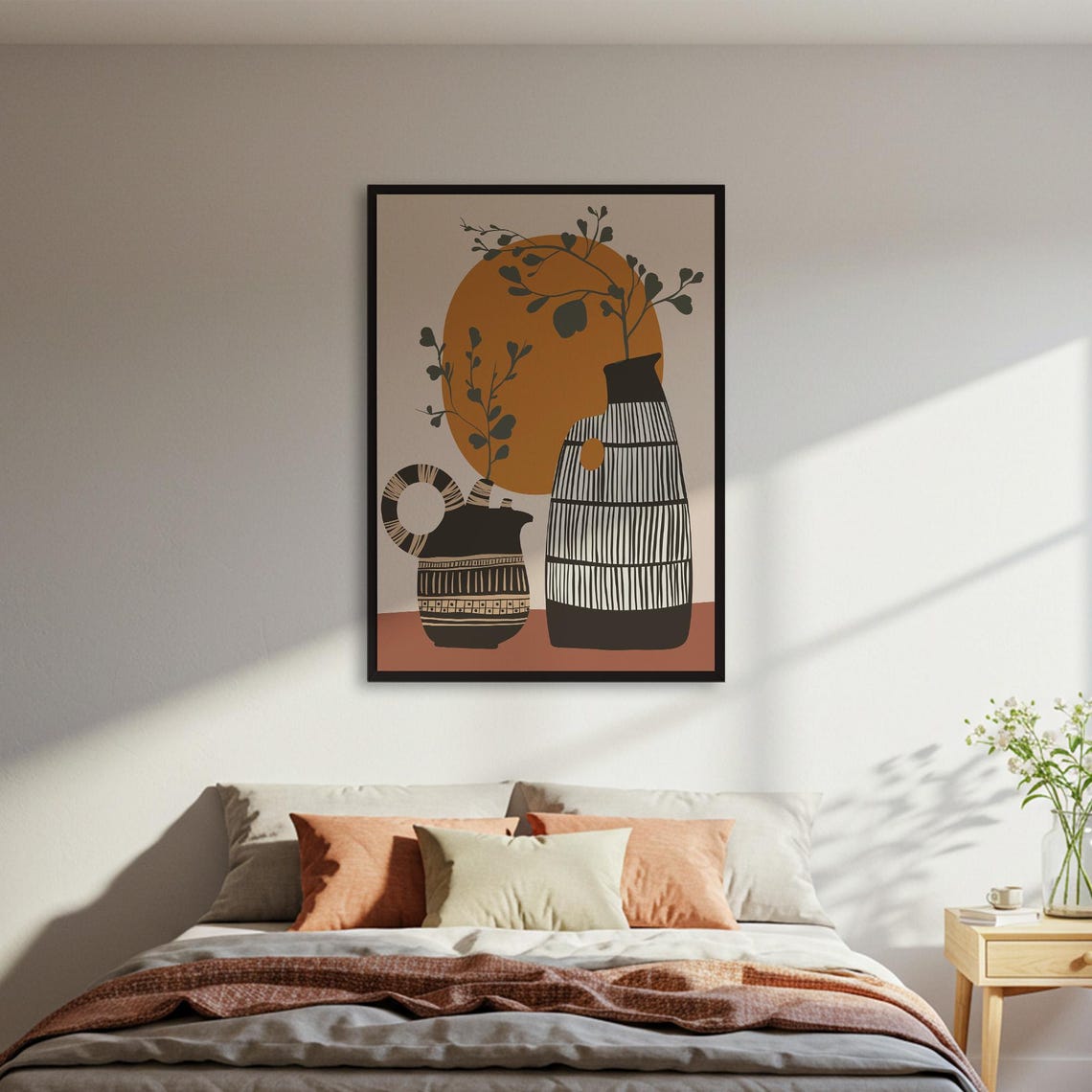 Patterned Black Vases Mustard Sun Boho Abstract Decor Poster
