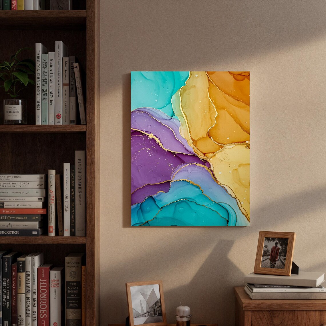 Purple Teal and Gold Alcohol Ink Modern Abstract Fluid Poster - Image 3