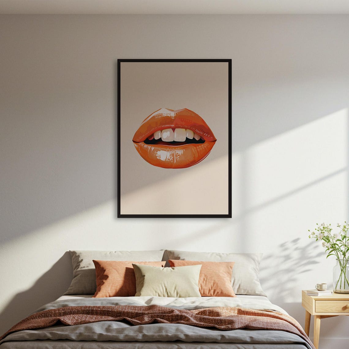 Glossy Orange Lips Pop Art Illustration Vibrant Mouth Poster