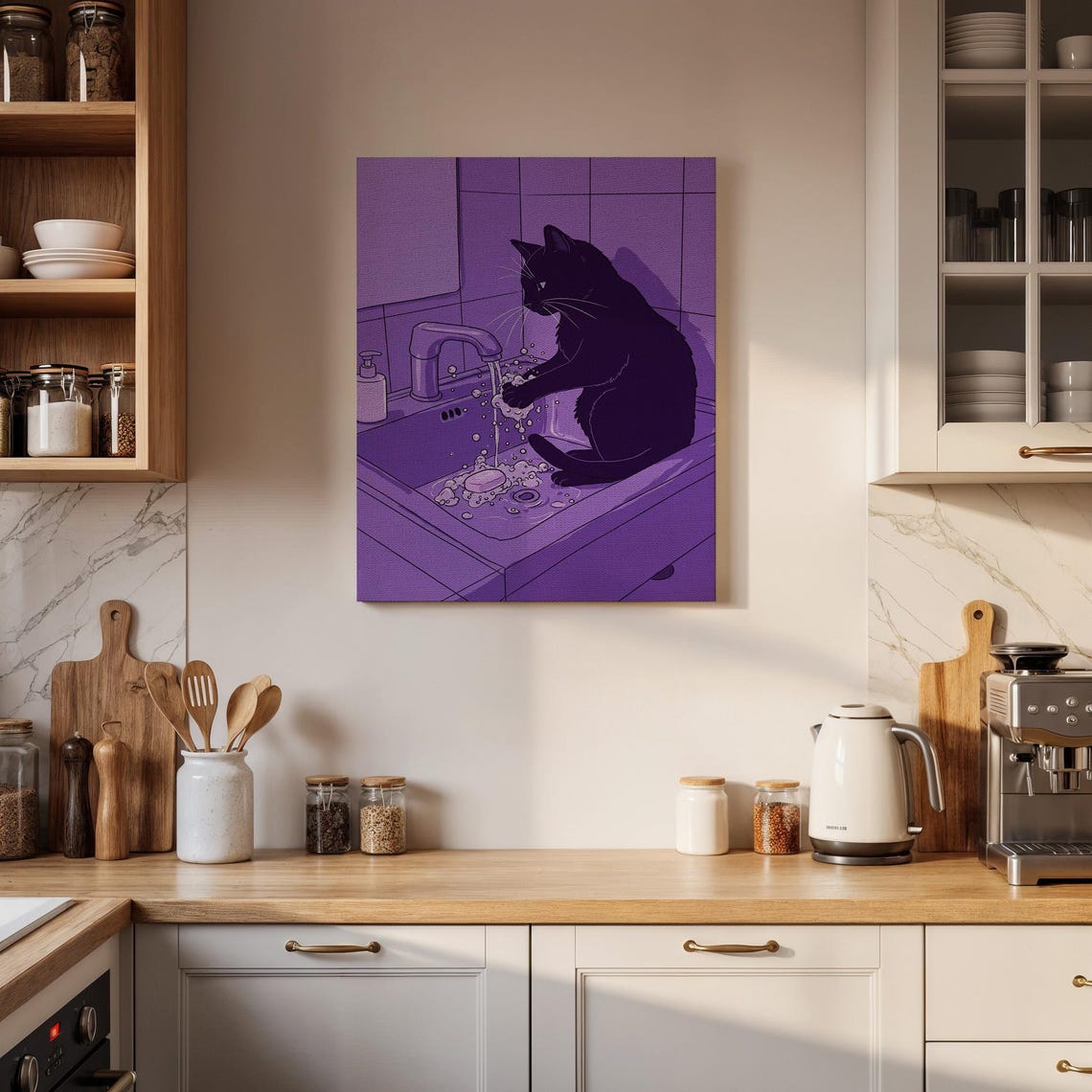 Black Cat In Bathroom Sink Purple Lofi Funny Pet Humor Poster - Image 2