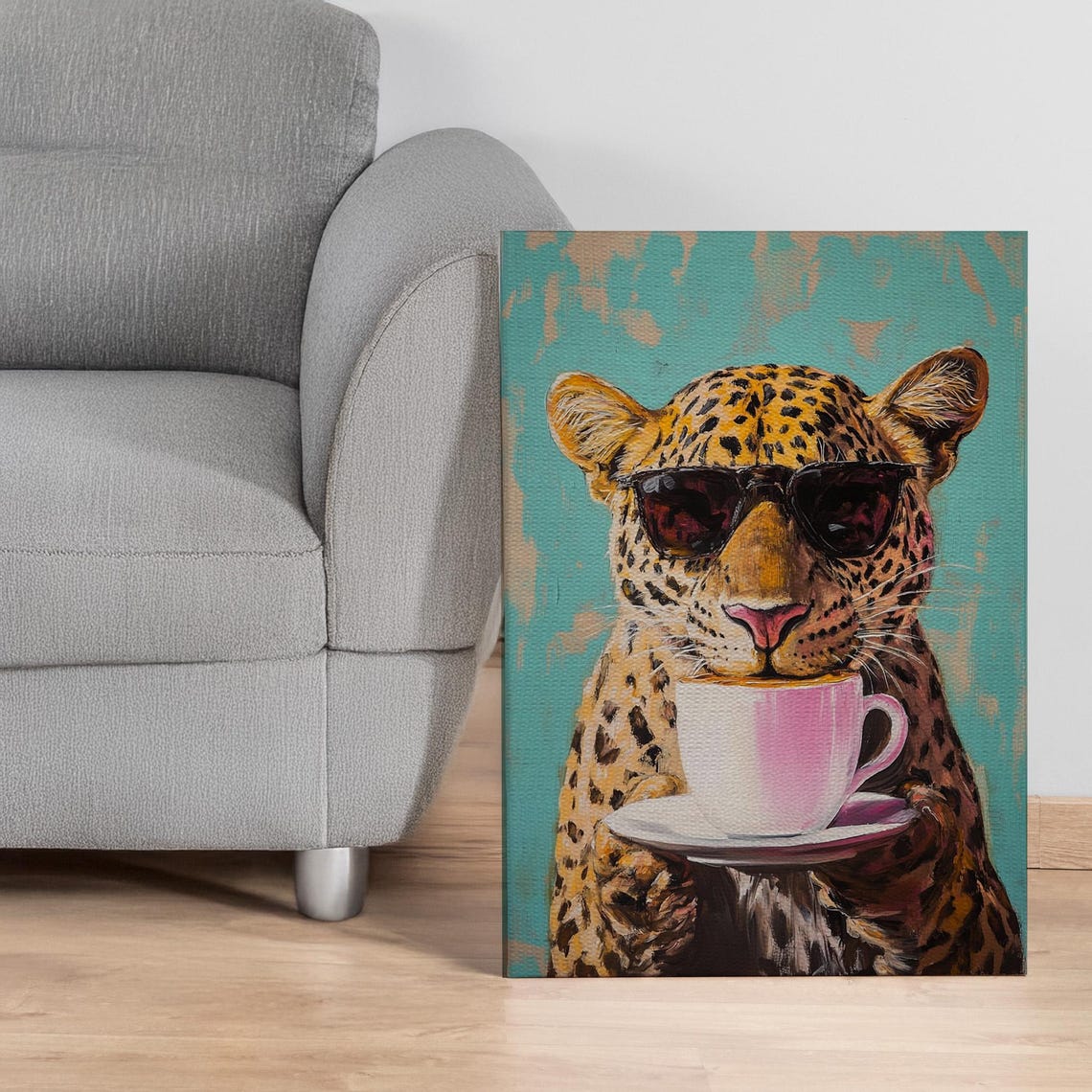 Funny Leopard Canvas Wall Art With Coffee Cup And Sunglasses Quirky Jungle Animal Print For Kitchen Cafe Office Or Bold Home Decor
