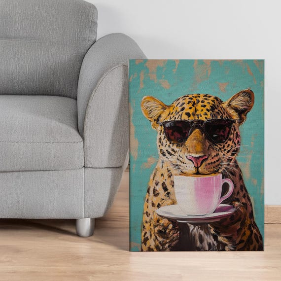 Funny Leopard Canvas Wall Art With Coffee Cup And Sunglasses Quirky Jungle Animal Print For Kitchen Cafe Office Or Bold Home Decor
