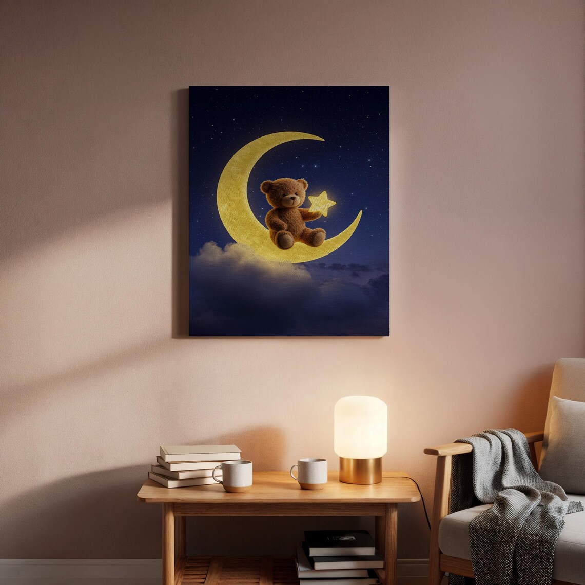 Cute Teddy Bear on Crescent Moon Holding Starry Night Nursery Art Poster - Image 2