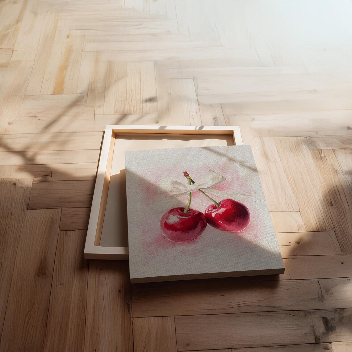 Cherry Pair With White Ribbon Red Fruit Sweet Watercolor Poster - Image 2