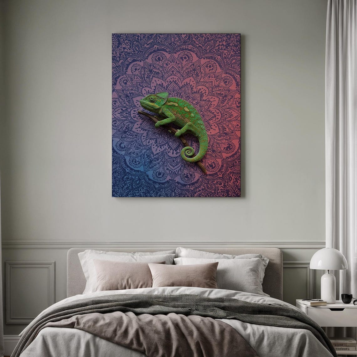 Green Chameleon on Branch Mandala Boho Spiritual Wildlife Poster