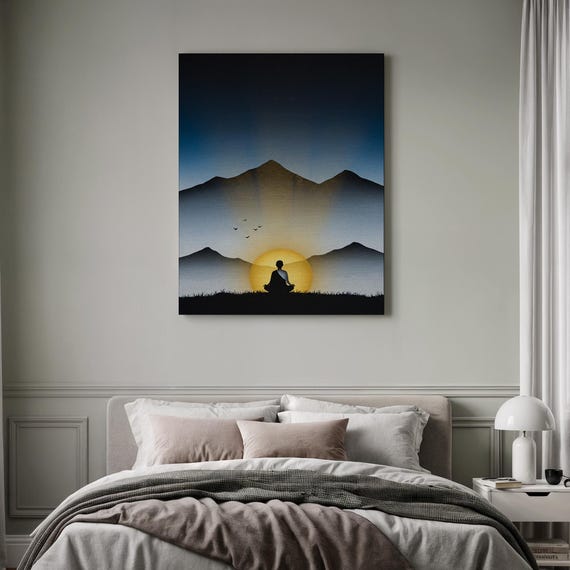 Framed Zen Wall Decor Yoga Silhouette Canvas Spiritual Sunset Print Calm Mountain Painting Peaceful Sunrise Art Meditation Themed Gift