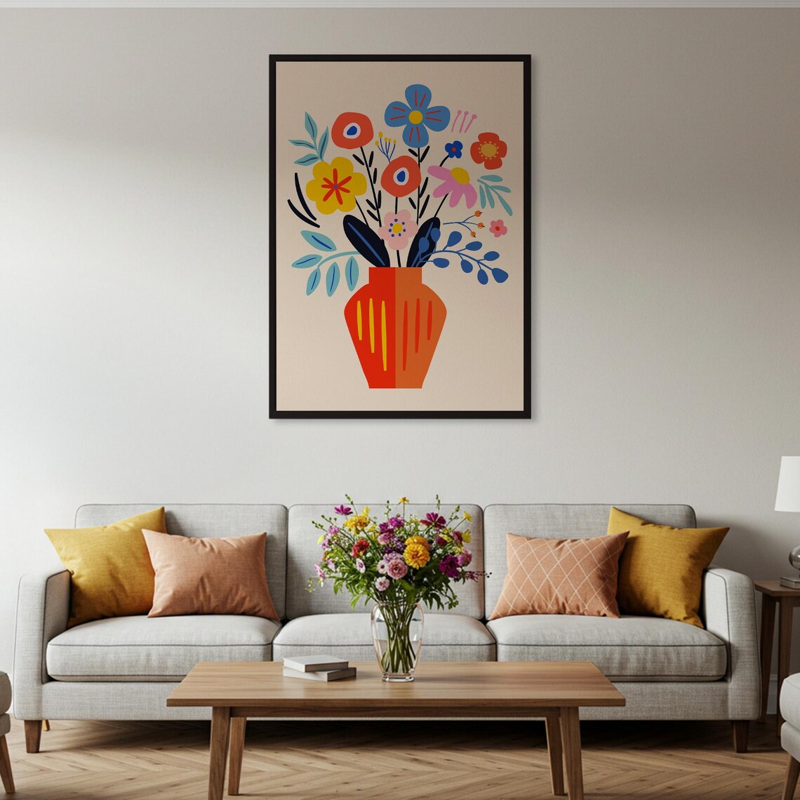 Colorful Bouquet Orange Vase Modern Folk Floral Happy Art Poster - Image 2
