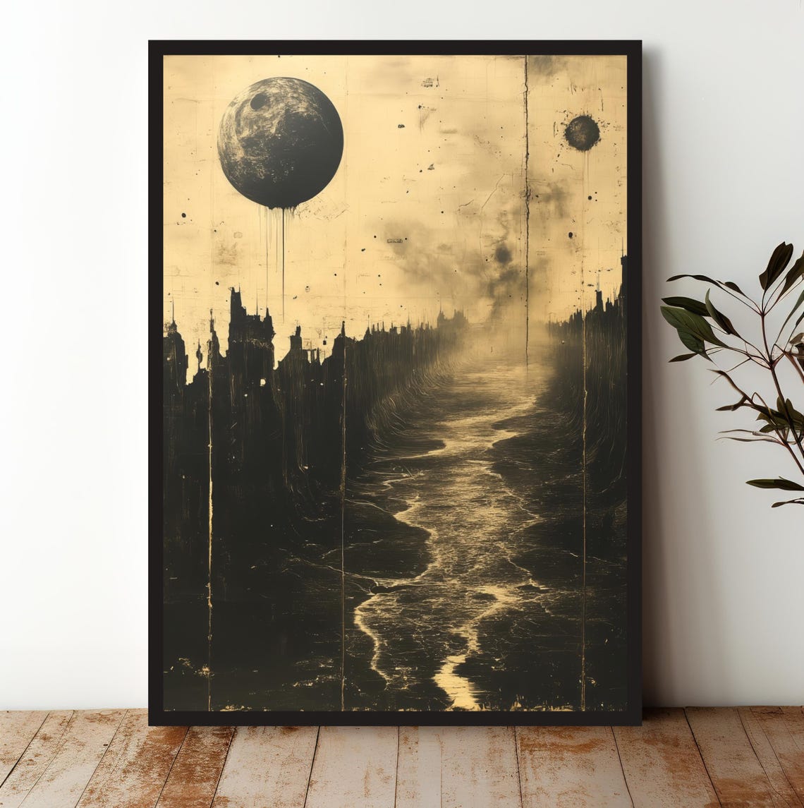 Moody Gothic Cityscape Dark Planet Moon Surreal Dramatic Art Poster
