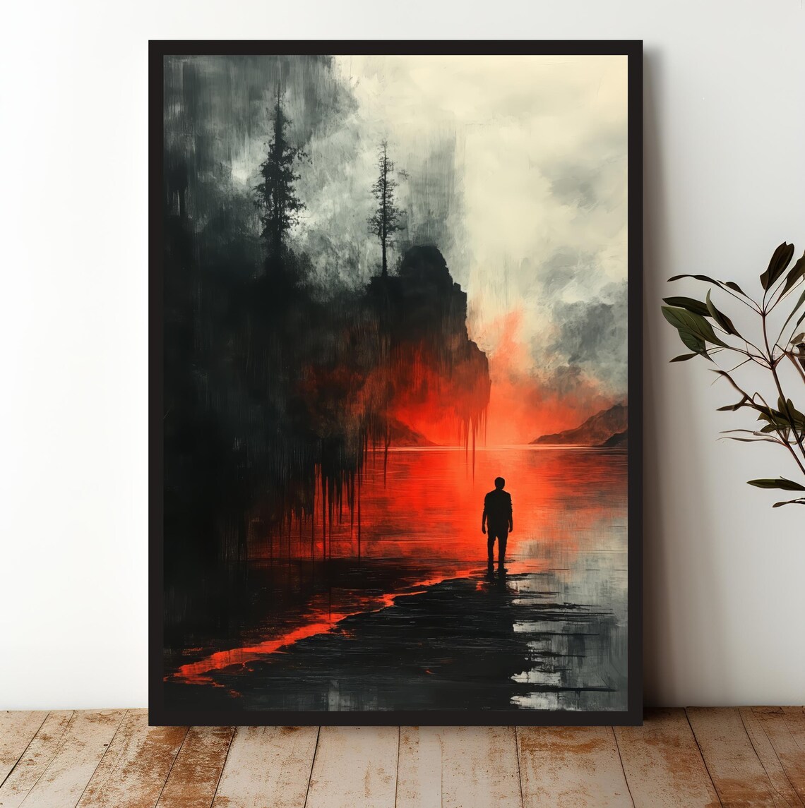 Moody Red Shore Lone Figure Dark Cliff Scene Design Art Print