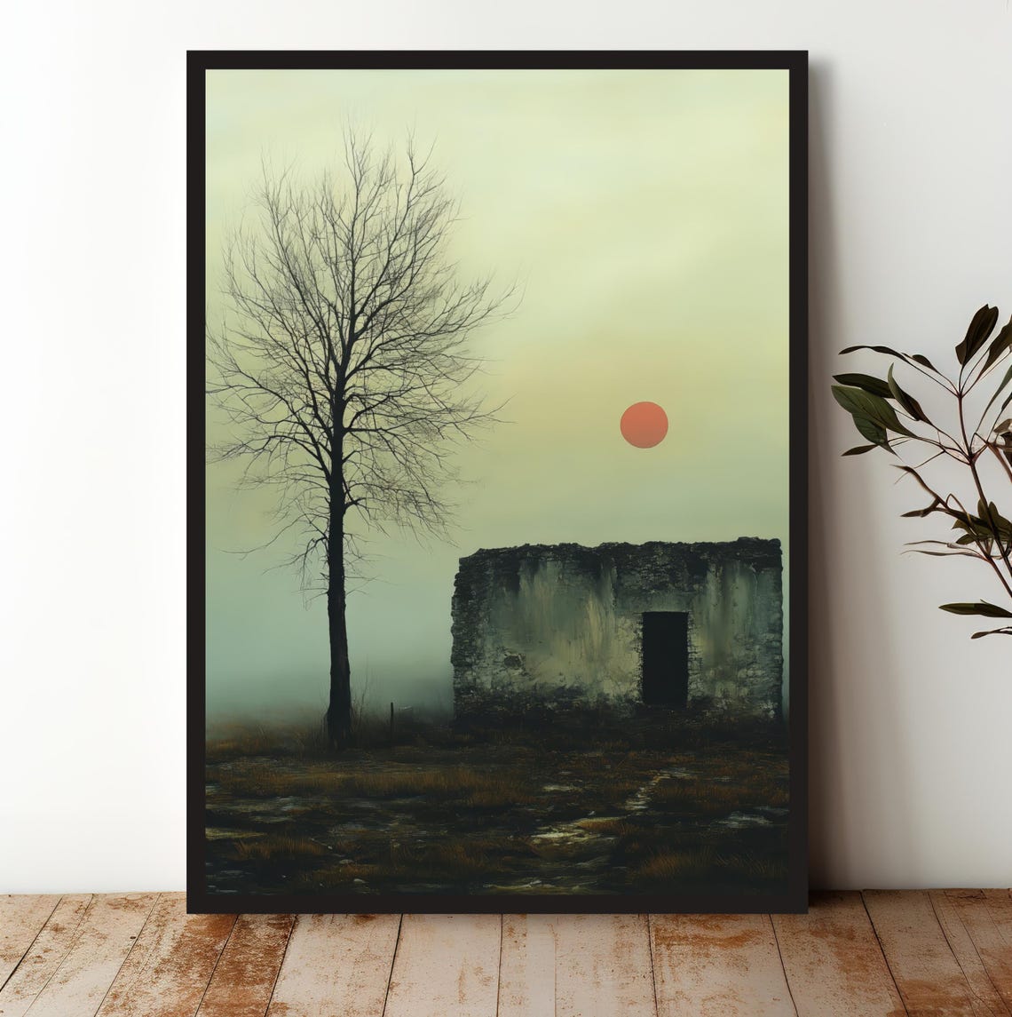 Abandoned Stone Hut Bare Tree Pale Sun Scene Design Art Print