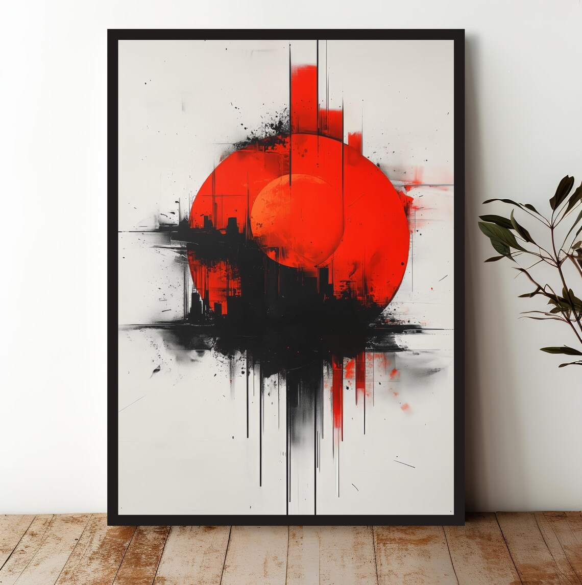 Red Circle Abstract Art Print, Minimalist Splash Decor