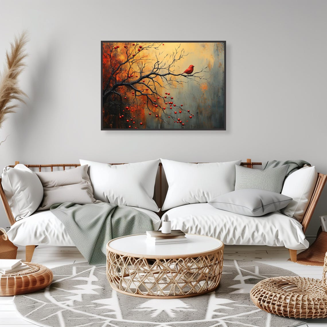 Red Cardinal Bird on Berry Branch Textured Golden Art Poster - Image 2