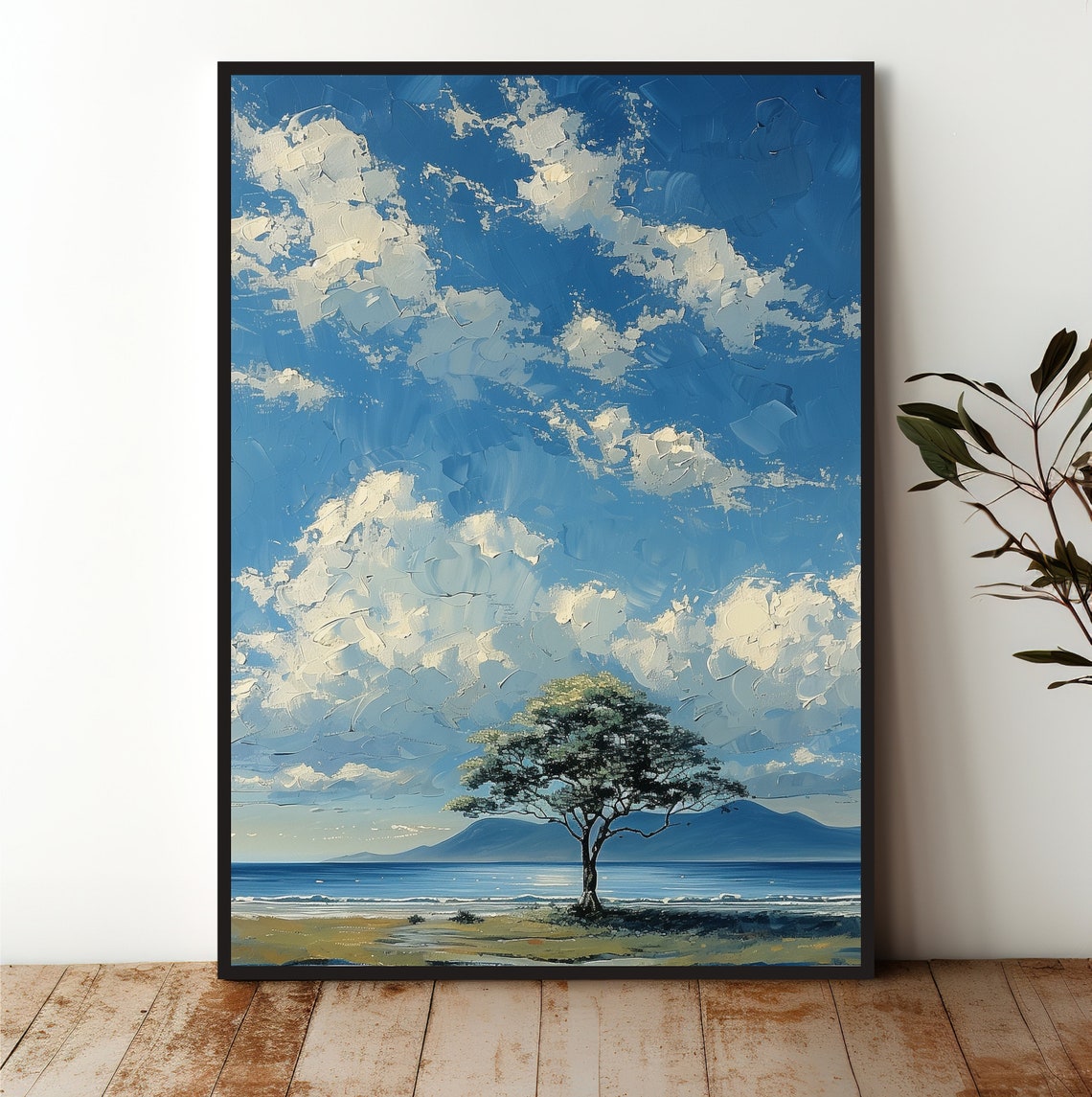 Coastal Tree Ocean Bay White Clouds Serene Landscape Art Poster