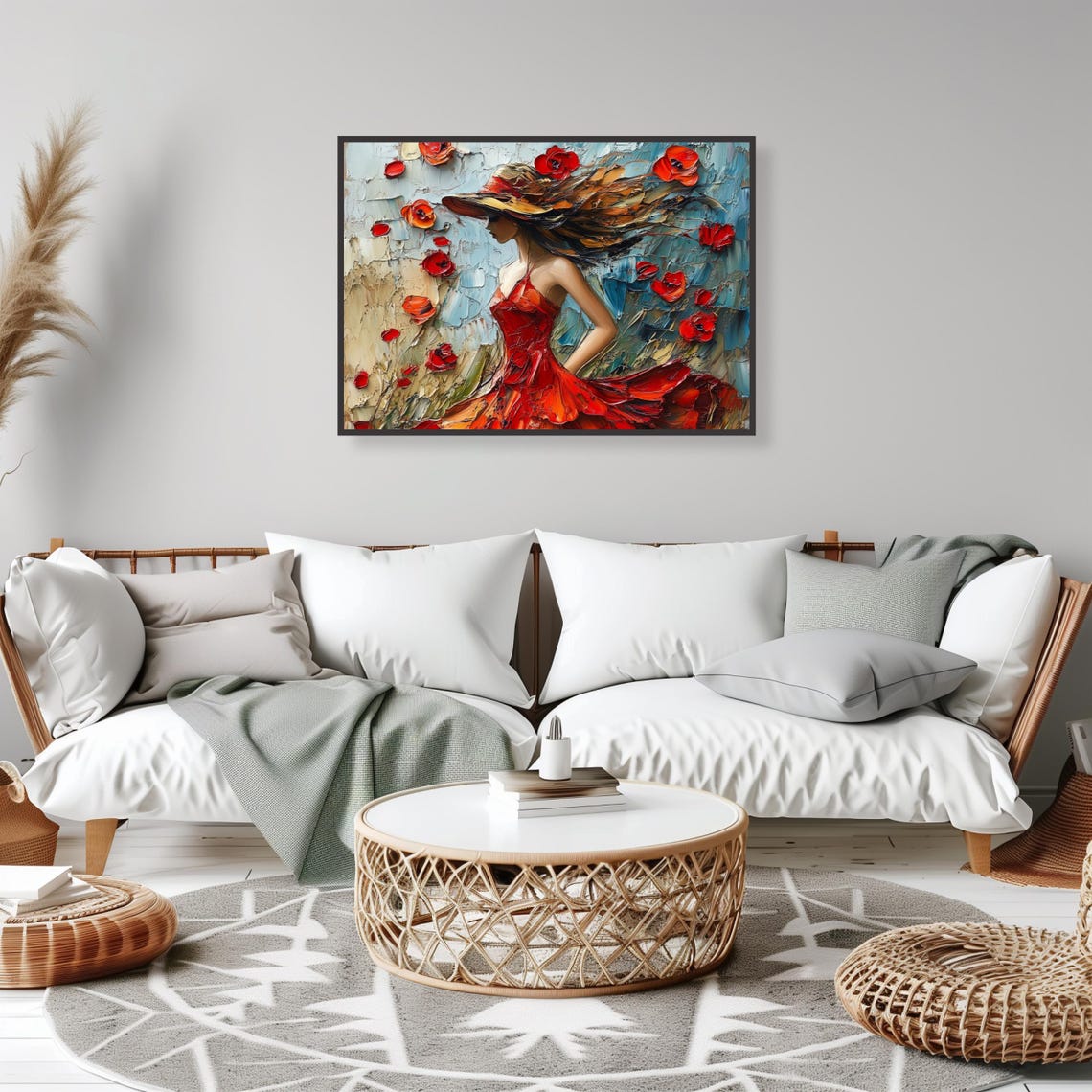 Woman in Red Dress Palette Knife Floral Portrait Elegant Art Print - Image 2