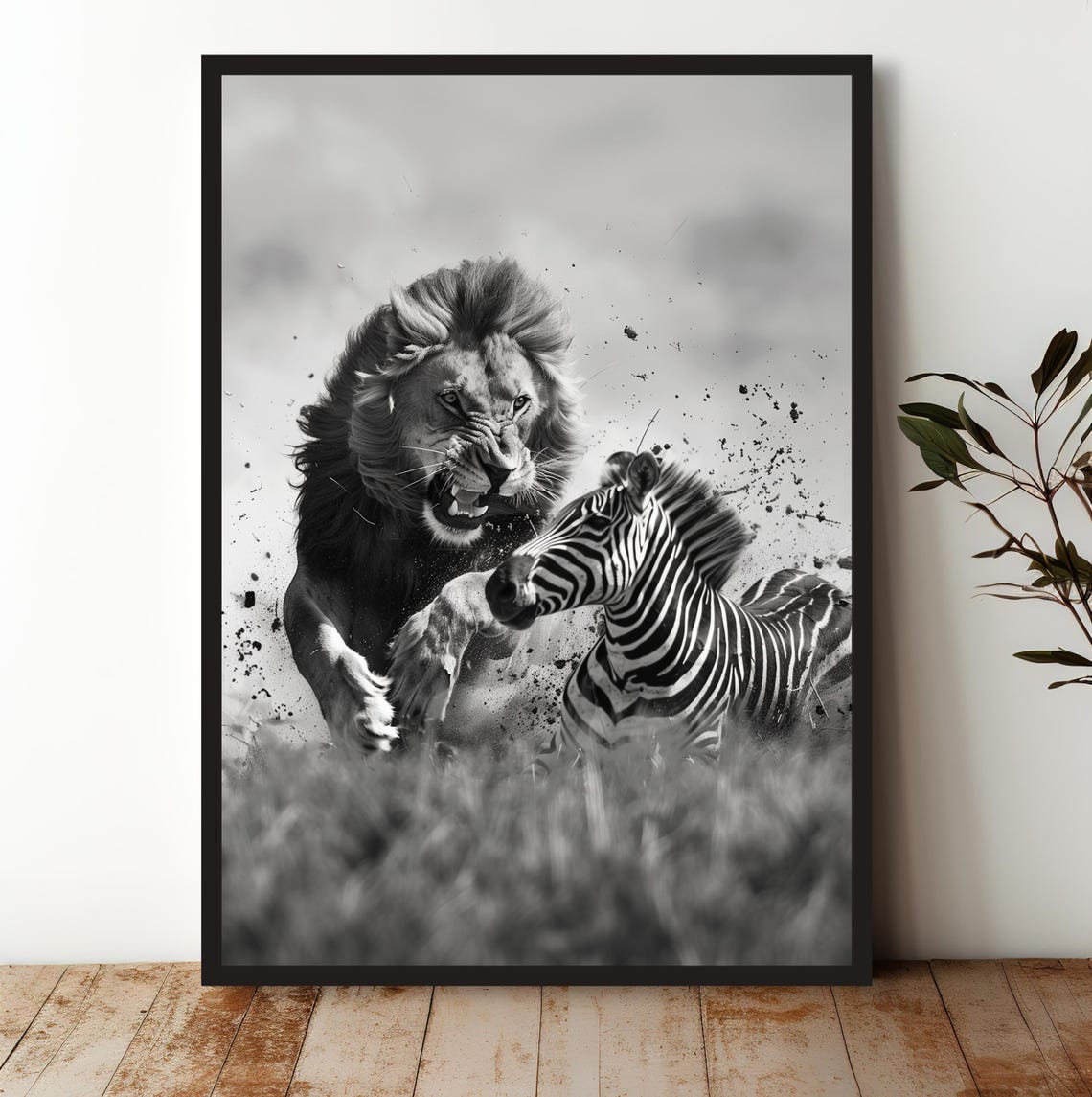 Lion and Zebra Chase Black and White Wildlife Action Scene Poster