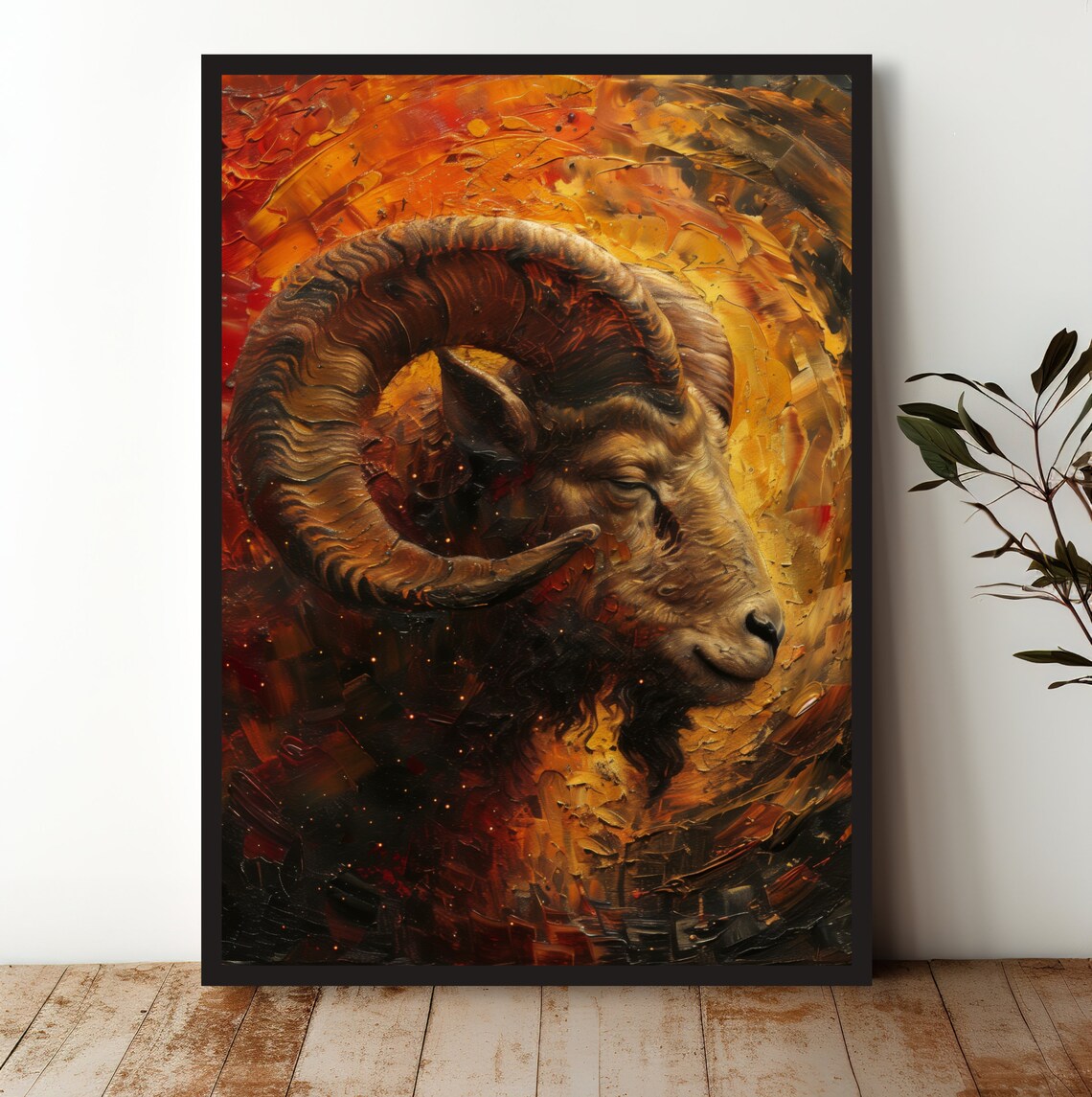 Aries Ram Curled Horns Fiery Orange Zodiac Astrology Sign Art Poster