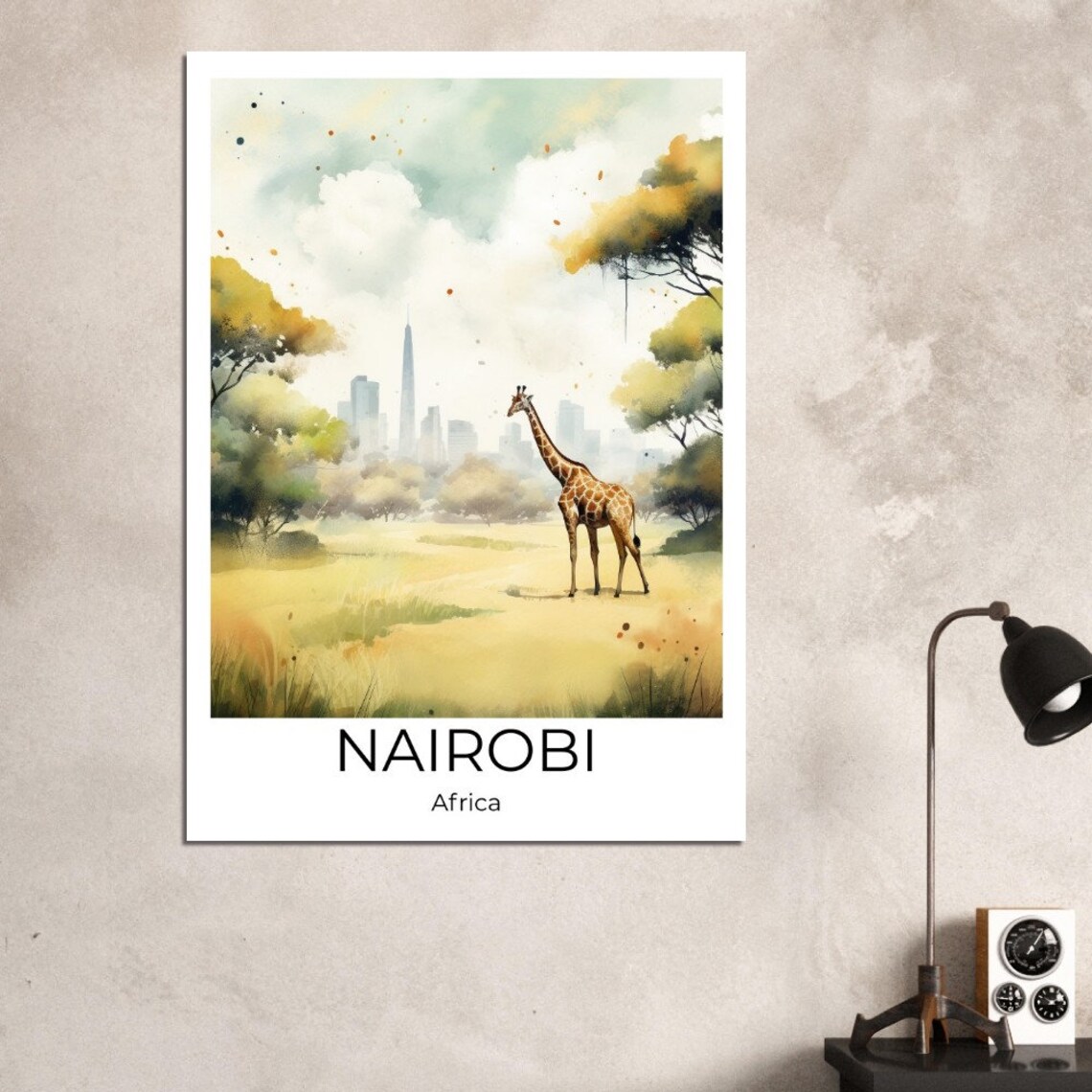 Nairobi Africa Watercolor Giraffe Against City Skyline Poster - Image 3