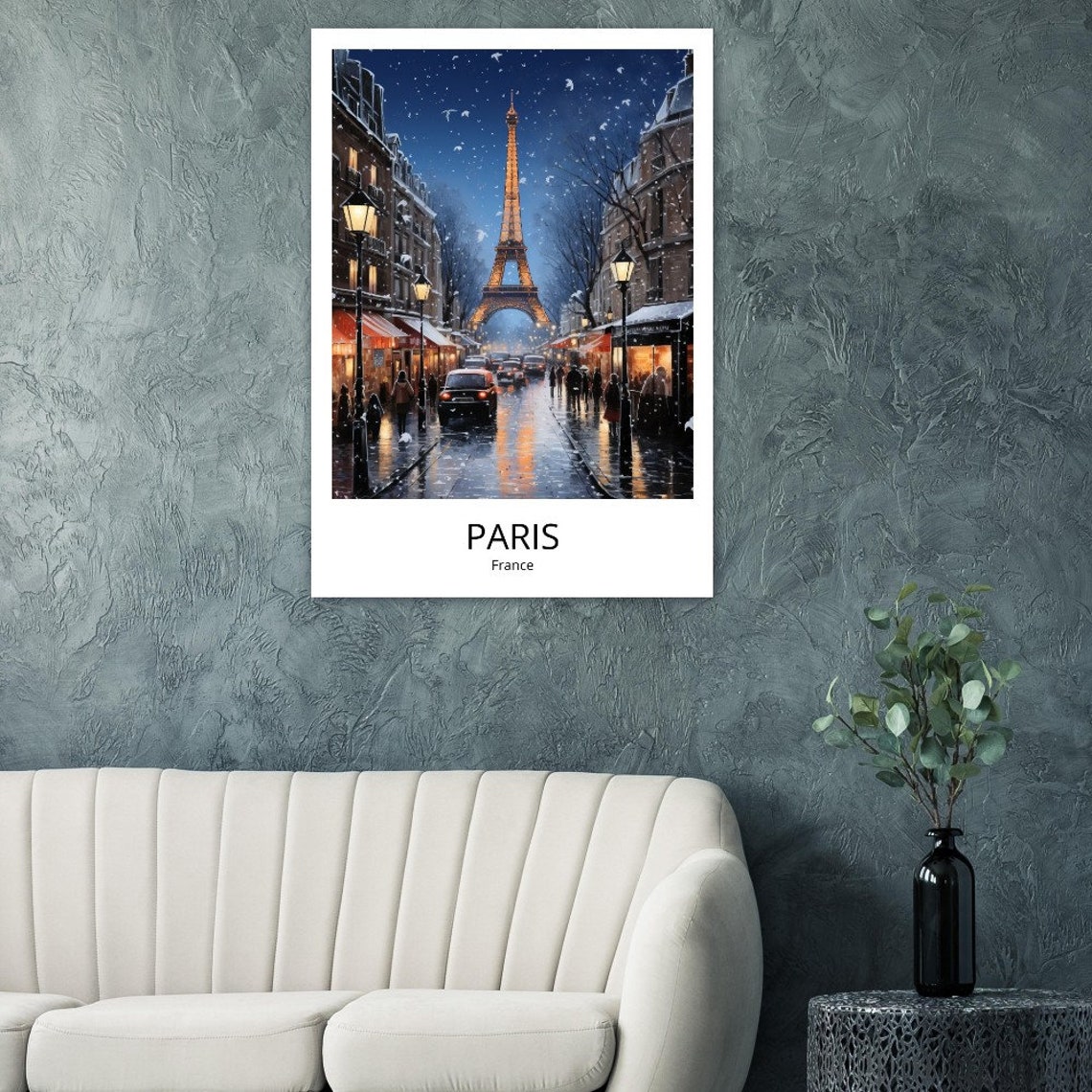 Paris Eiffel Tower Snowy Night Street Lamp Glow Illustration Poster - Image 4