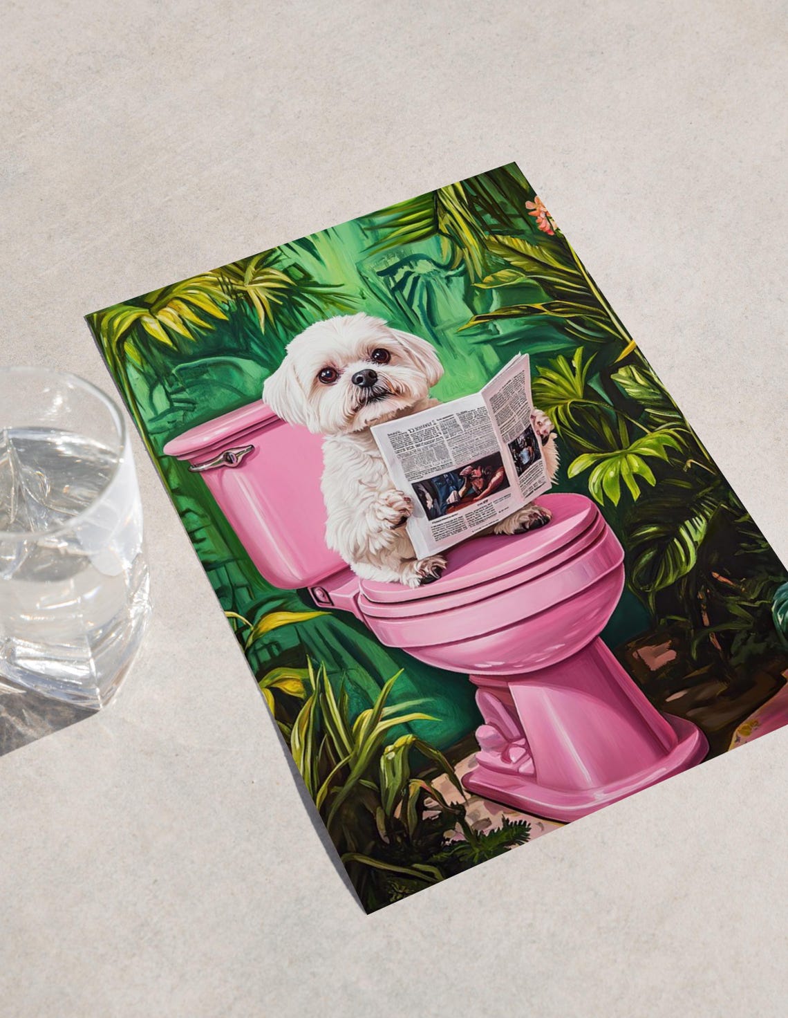 Maltese Dog Reading Newspaper on Pink Toilet Funny Bathroom Poster - Image 3
