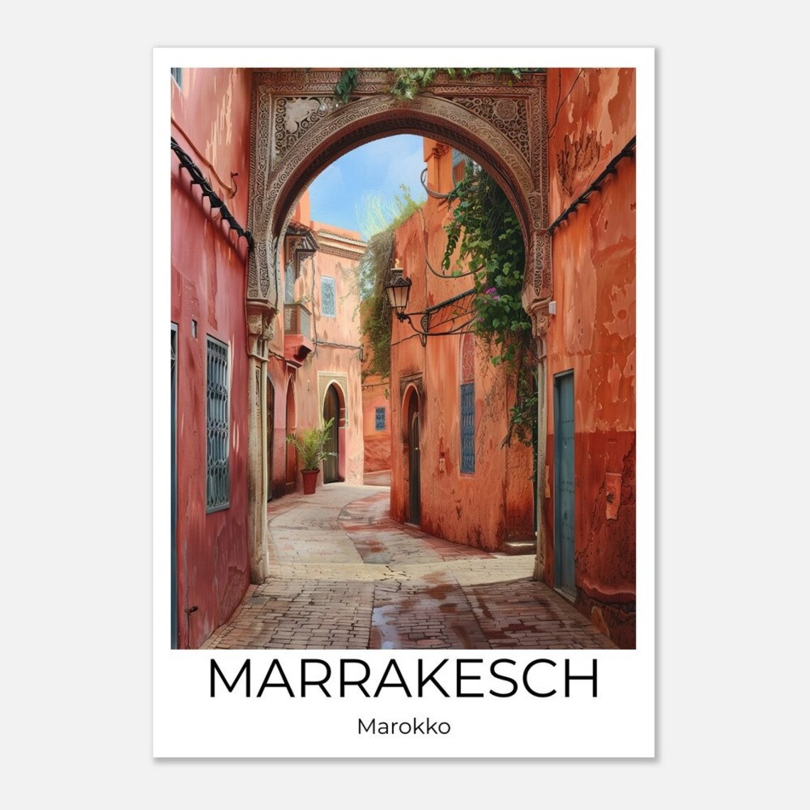 Marrakech Medina Alley Travel Poster Morocco Red Walls Archway Art - Image 3