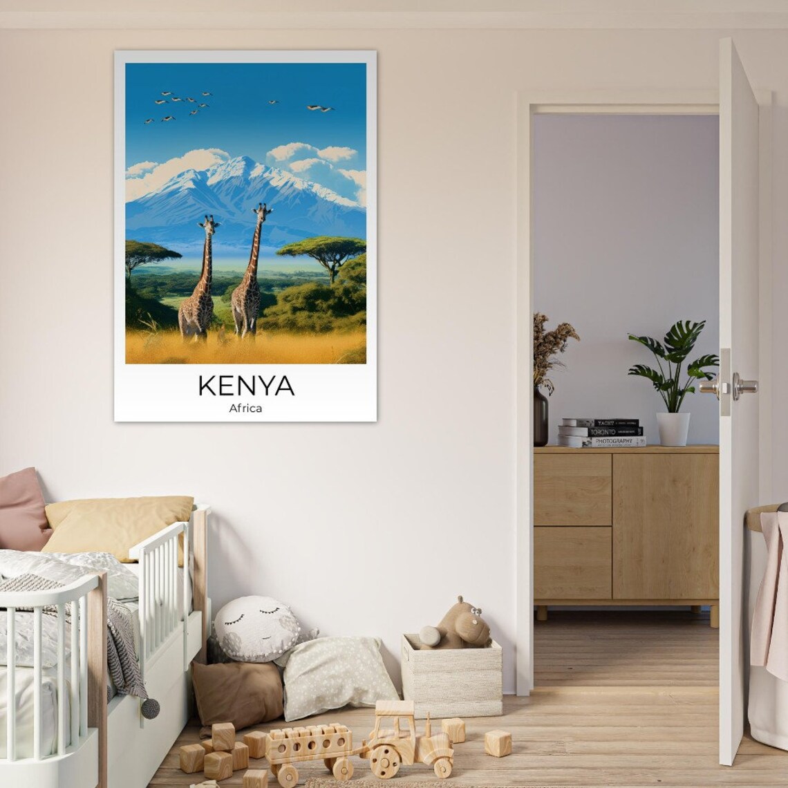 Kenya Africa Two Giraffes on Golden Savanna With Mountain Poster - Image 3