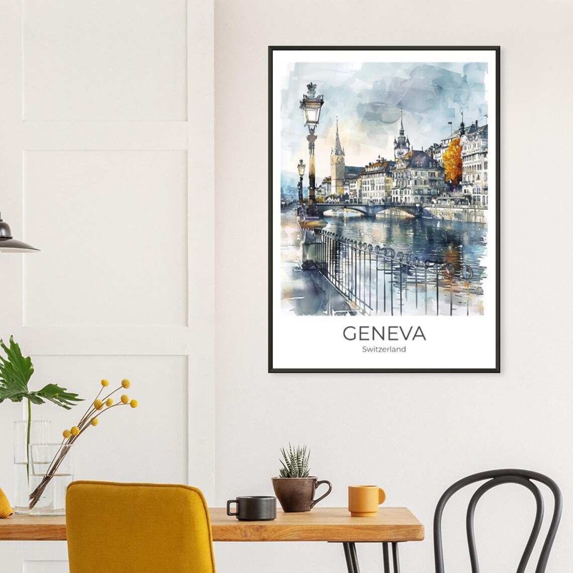 Geneva Switzerland Riverside Bridge Old Town Watercolor Travel Poster - Image 3