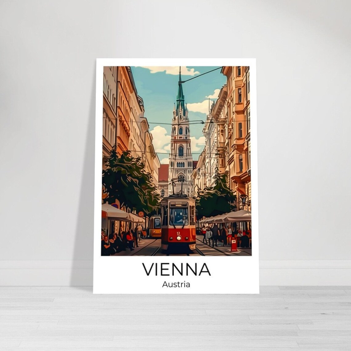 Vienna Austria Vintage Tram Street Church Spire Illustration Poster - Image 4