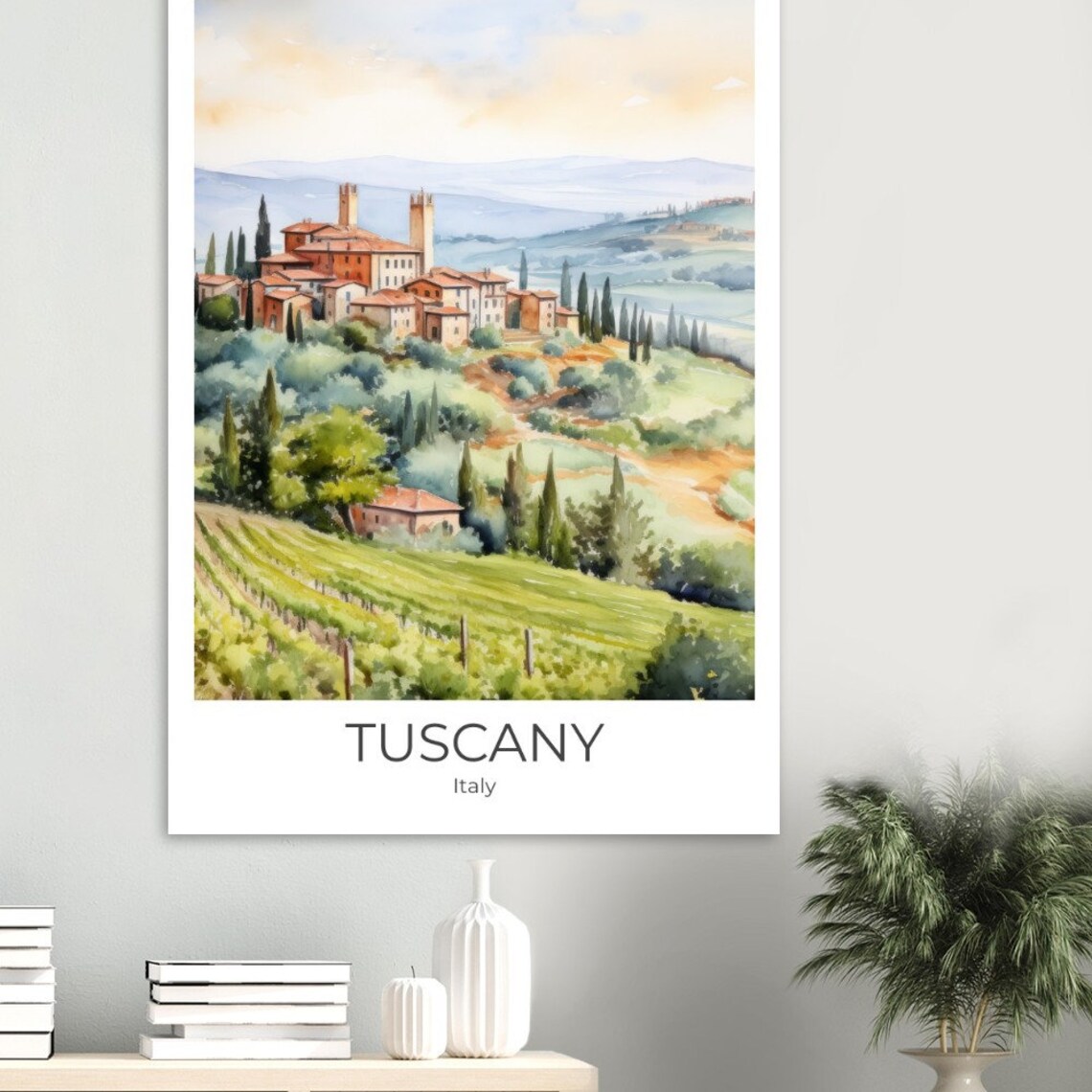 Tuscany Italy Hilltop Village Cypress Vineyards Watercolor Poster - Image 3