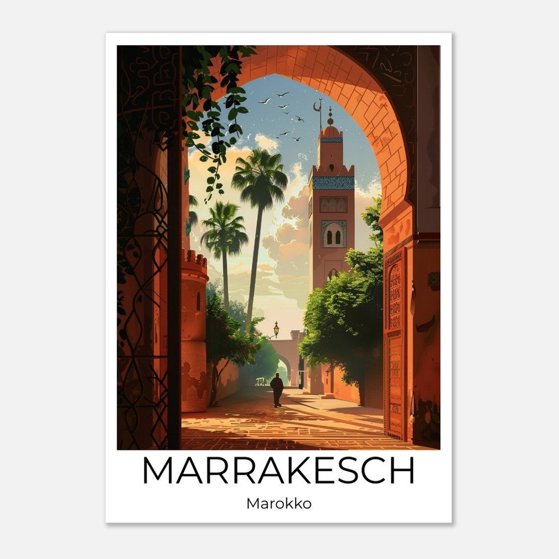 Marrakech Minaret Travel Poster Morocco Sunset Archway Scene Art - Image 3