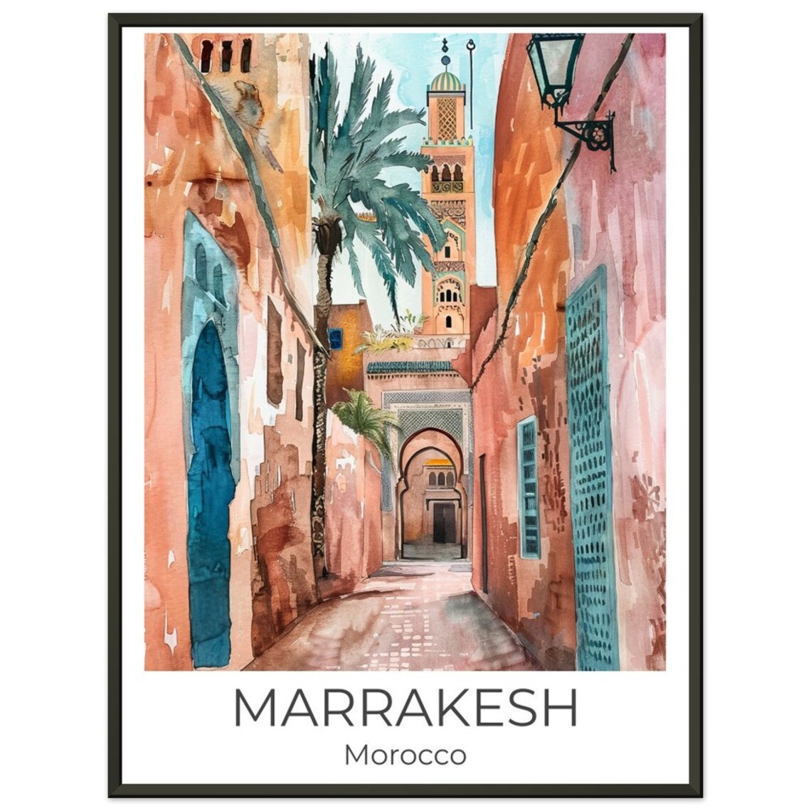Marrakesh Medina Alley Minaret Watercolor Morocco Travel Poster - Image 4
