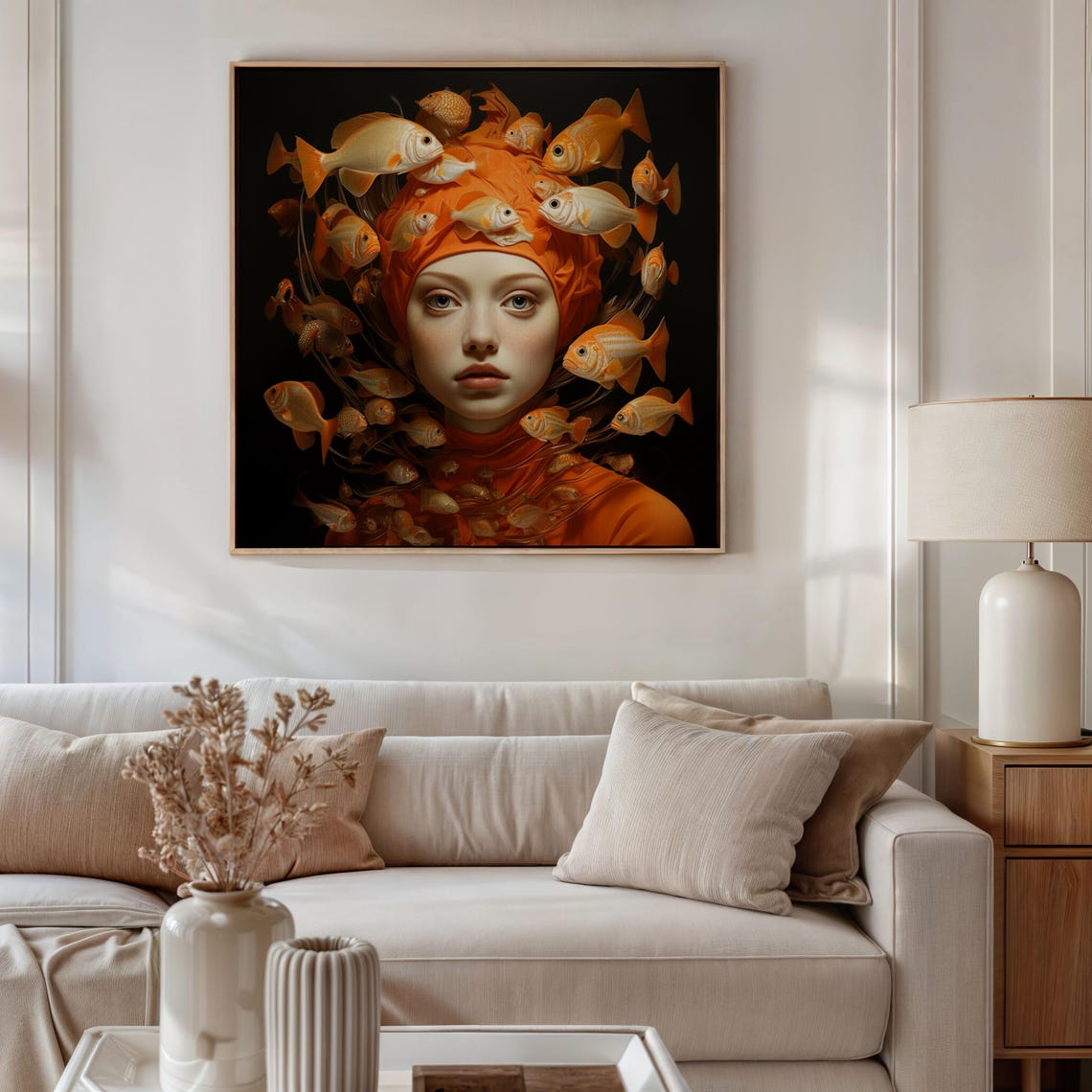 Surreal Orange Fish Portrait Wall Art Woman Swirl Dark Fantasy - Image 4