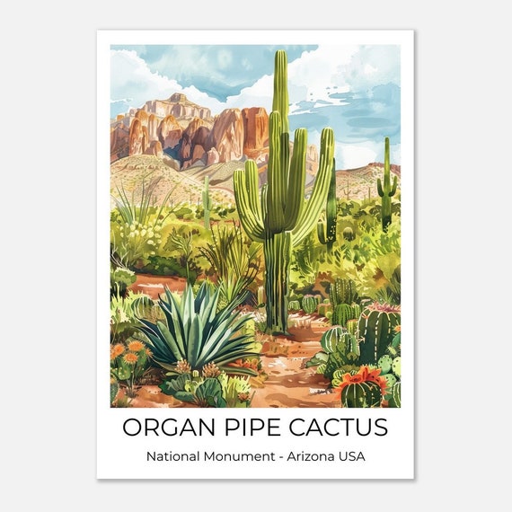 Organ Pipe National Monument National Park Usa Watercolor Travel Poster Organ Pipe Wall Art Arizona Travel Print Arizona Wall Decoration