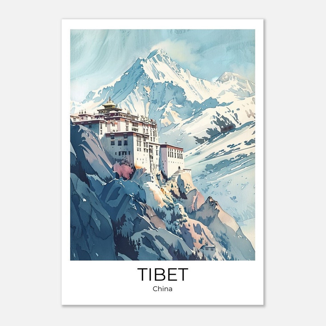 Tibet China Himalayan Monastery Snowy Peaks Watercolor Poster - Image 2