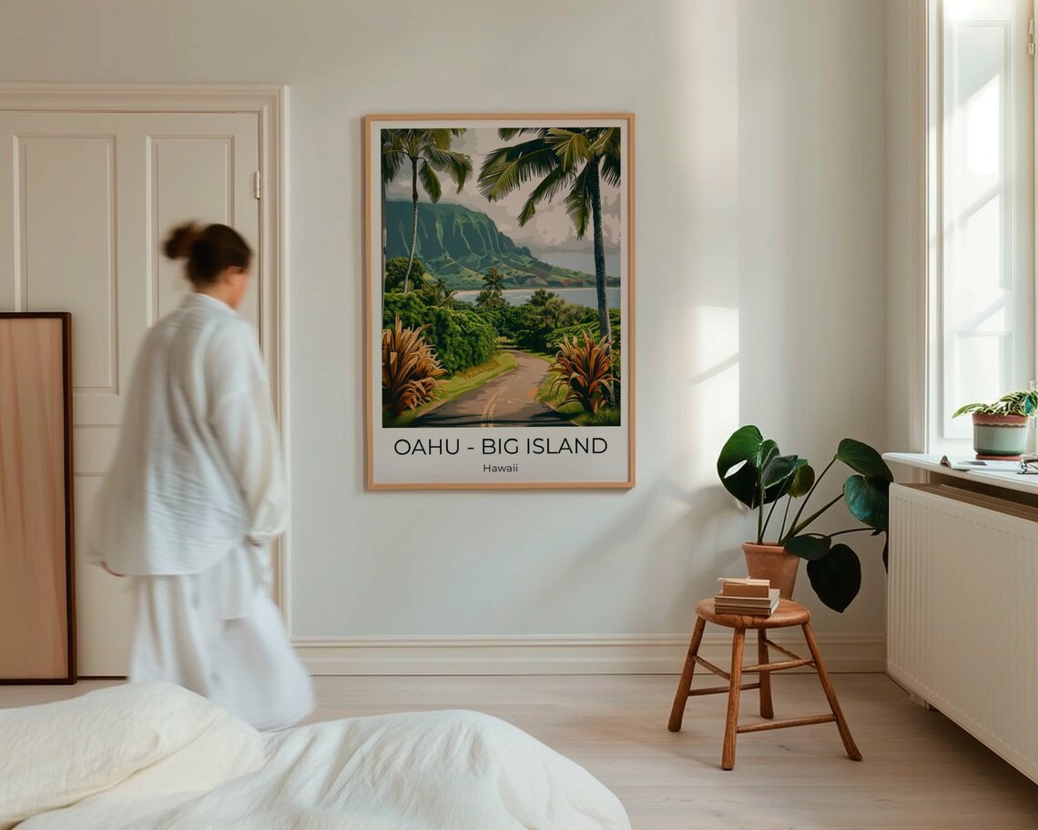 Oahu Big Island Hawaii Palm Lined Coastal Road Cliffs Travel Poster - Image 5