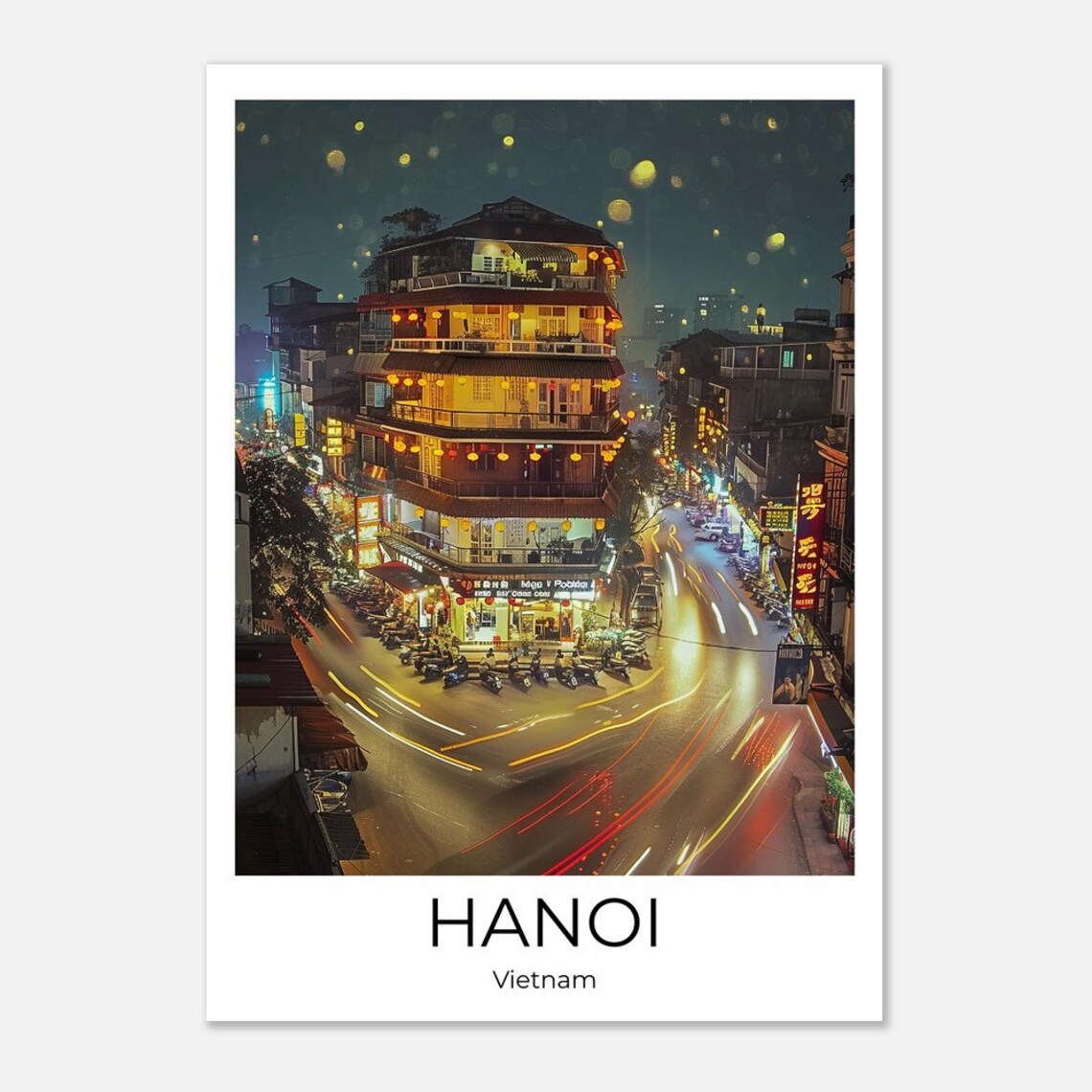 Hanoi Vietnam Night Traffic Light Trails City Street Photo Poster