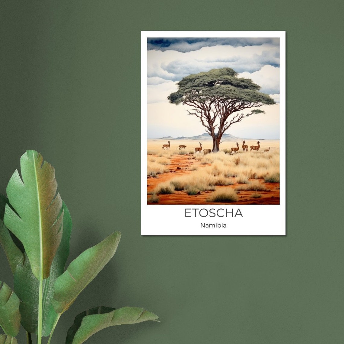 Etosha Namibia Savanna Antelope Acacia Tree Watercolor Travel Poster - Image 2