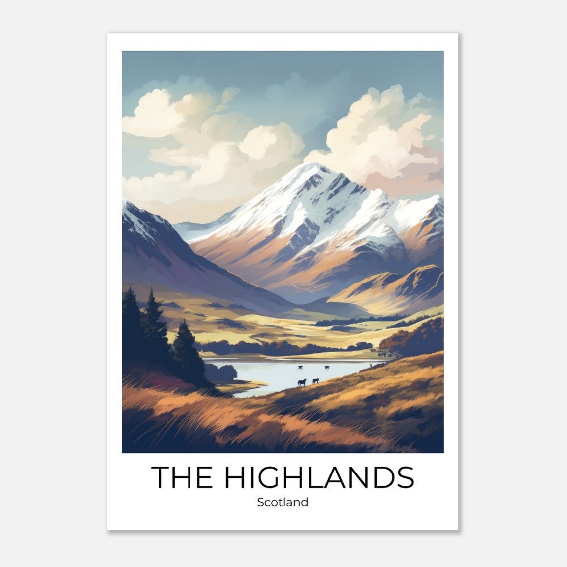 Scottish Highlands Snow Mountain Lake Golden Vintage Travel Poster - Image 4