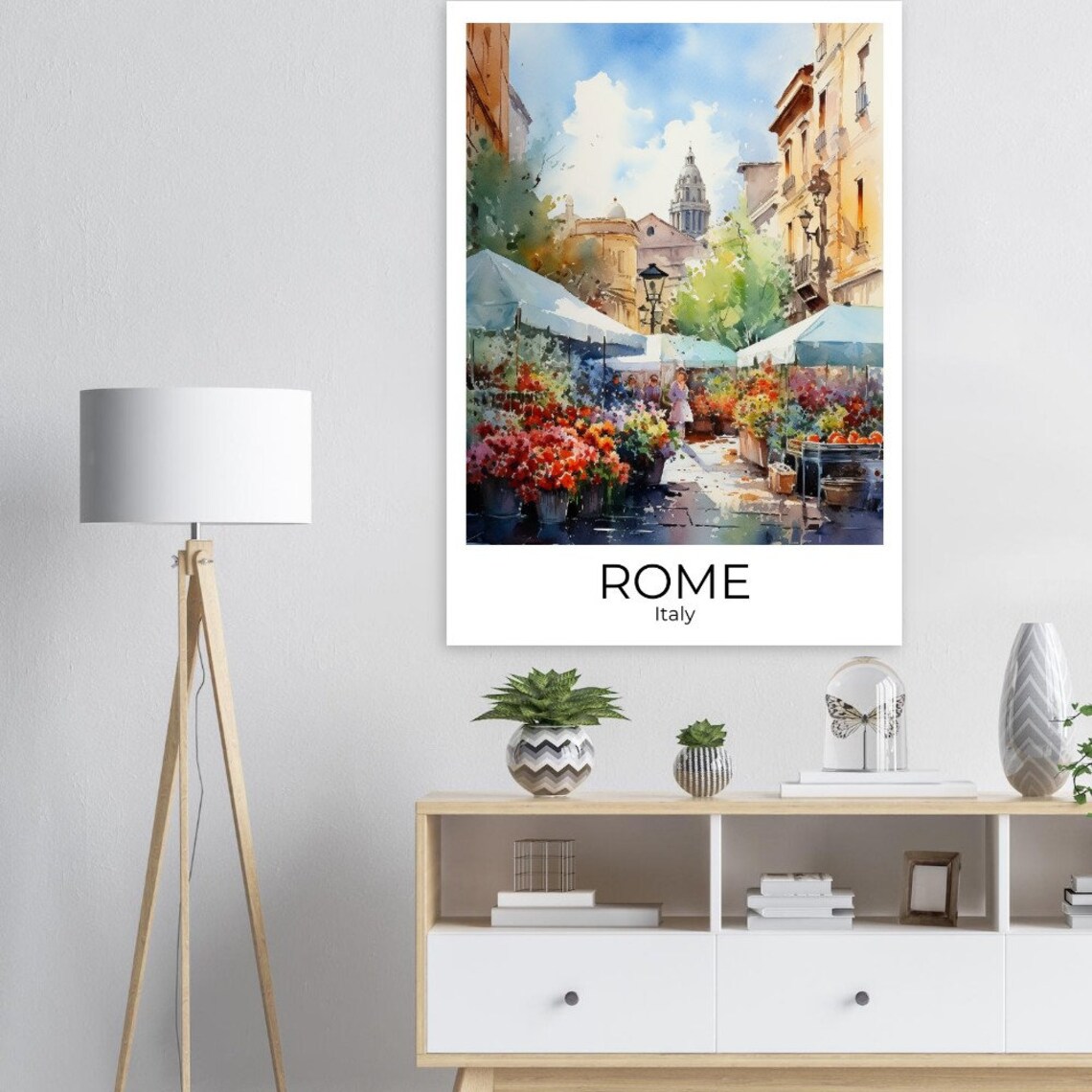 Rome Italy Watercolor Flower Market Street With Church Dome Poster - Image 3