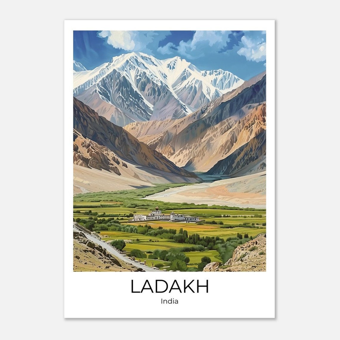 Ladakh India Himalayan Valley Monastery Snowy Peaks Travel Poster