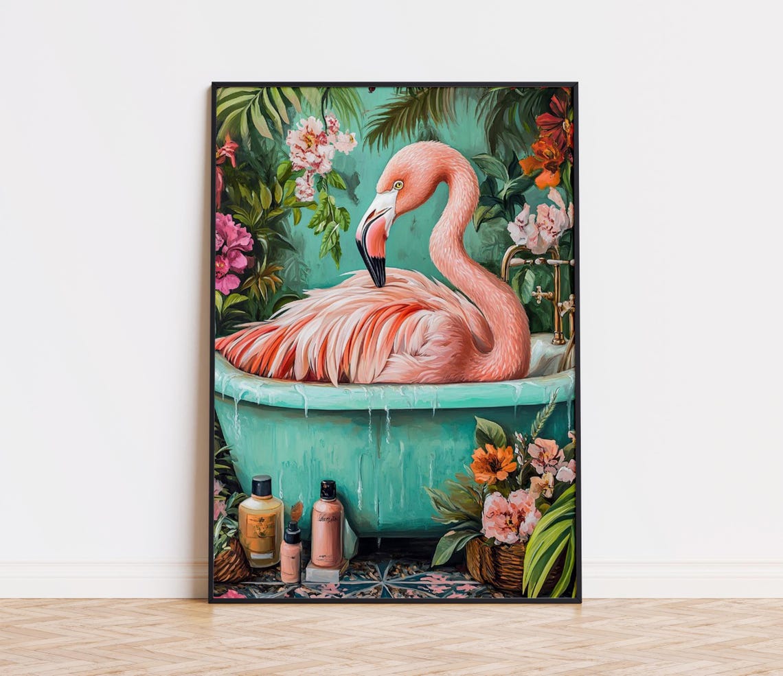 Pink Flamingo Bathtub Poster Tropical Bird Bathroom Funny Jungle